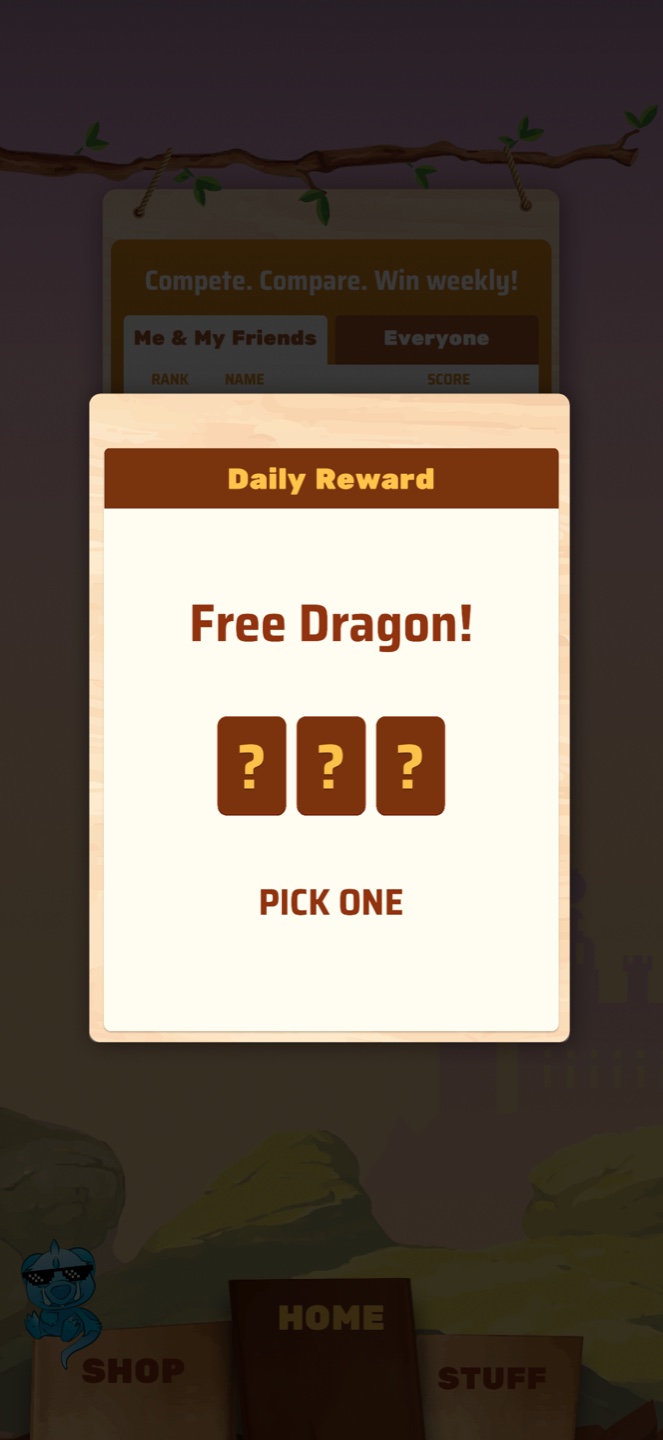 Daily reward popup inviting the player to pick a dragon bear reward