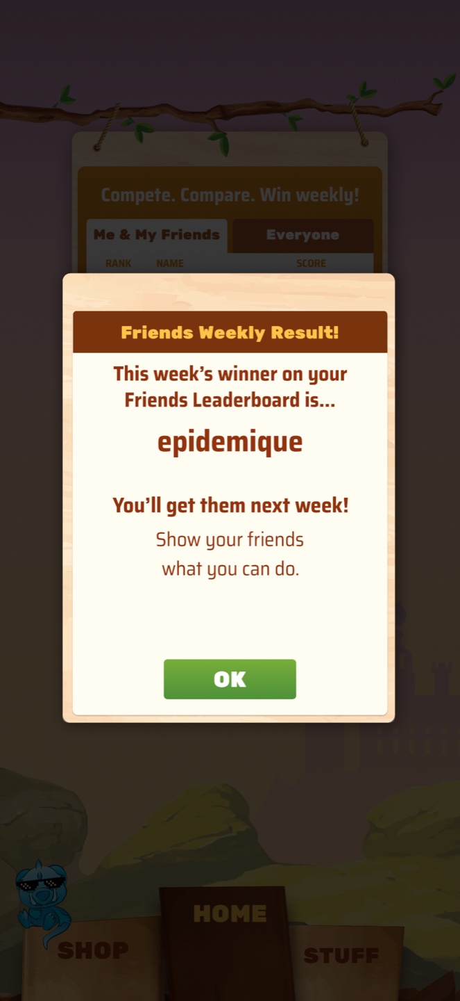 Friends Weekly Result popup showing epidemique as the winner