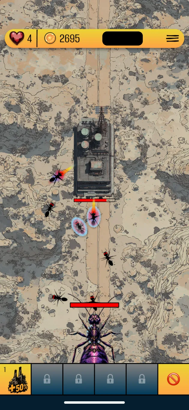 A giant alien ant boss attacking a factory