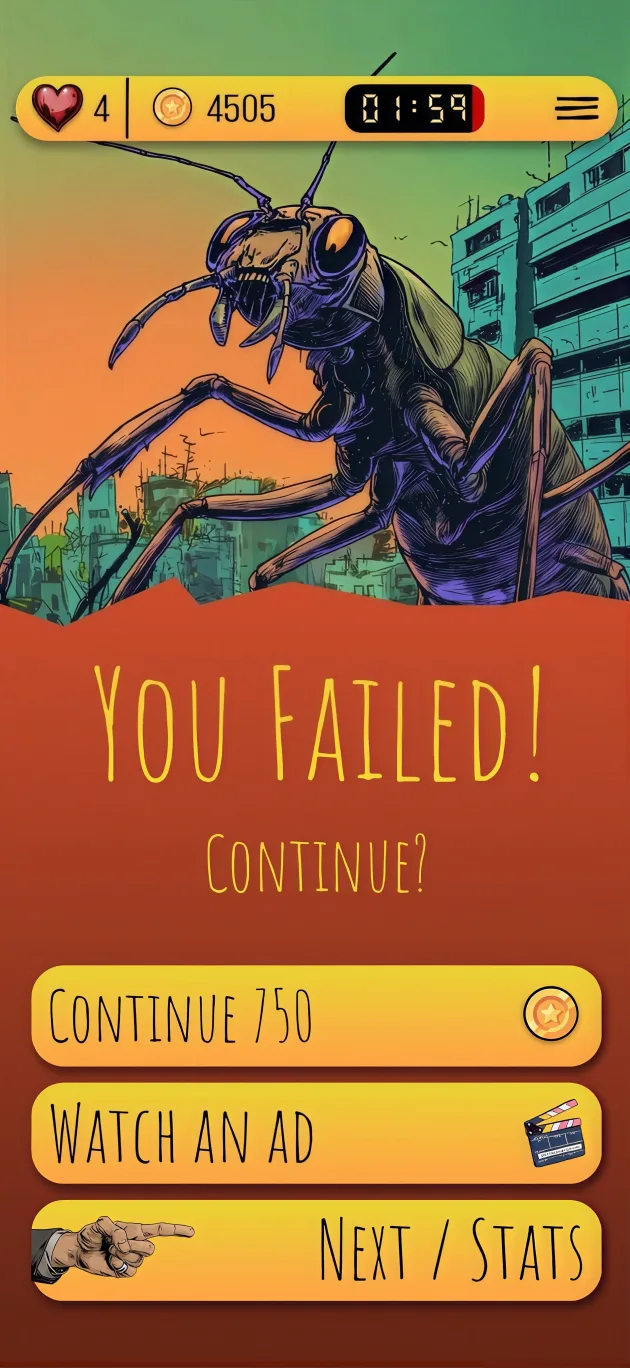 Game over screen after an alien ant attack