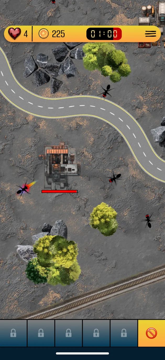 Top-down factory defence gameplay